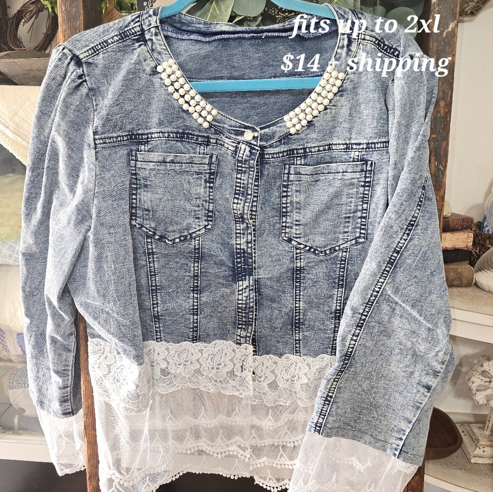 Denim Jacket with Pearl Collar and Lace Hem